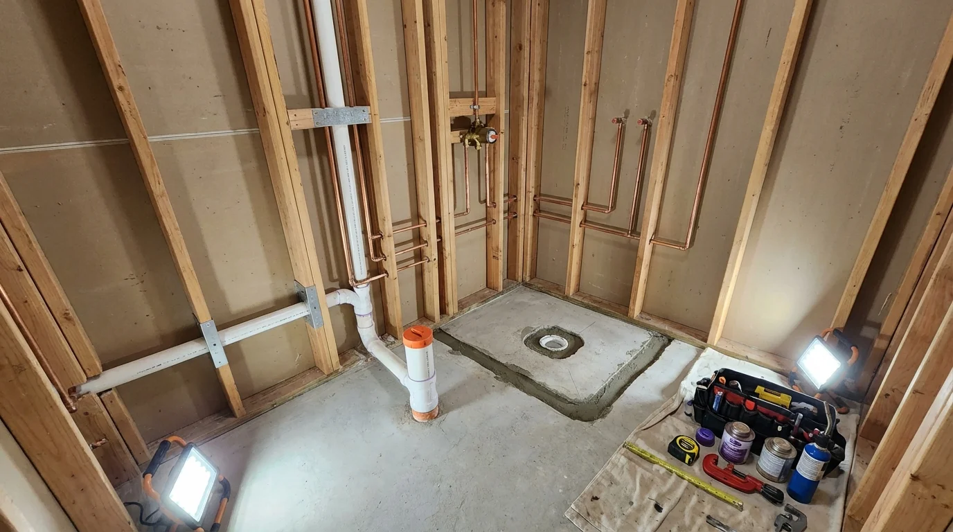 Bathroom rough-in plumbing during remodel by Johns Plumbing LLC in Marblehead