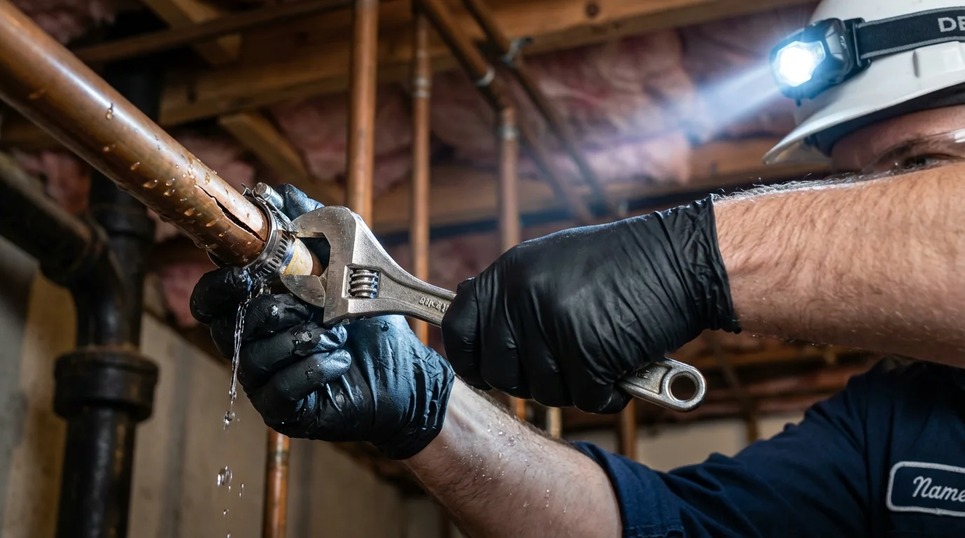 Emergency pipe clamp repair being performed by a Johns Plumbing LLC plumber in Marblehead
