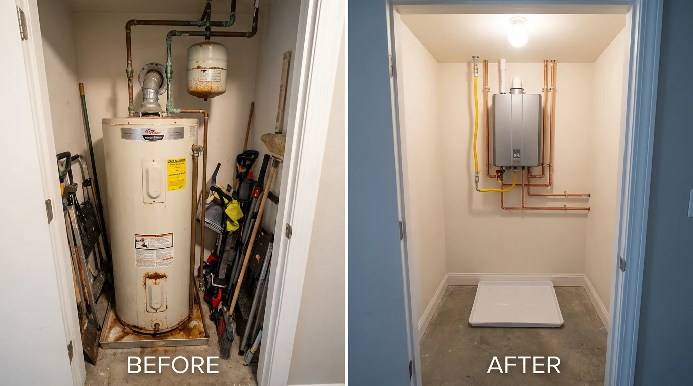 Tank water heater versus wall-mounted tankless unit comparison for Marblehead, MA homeowners