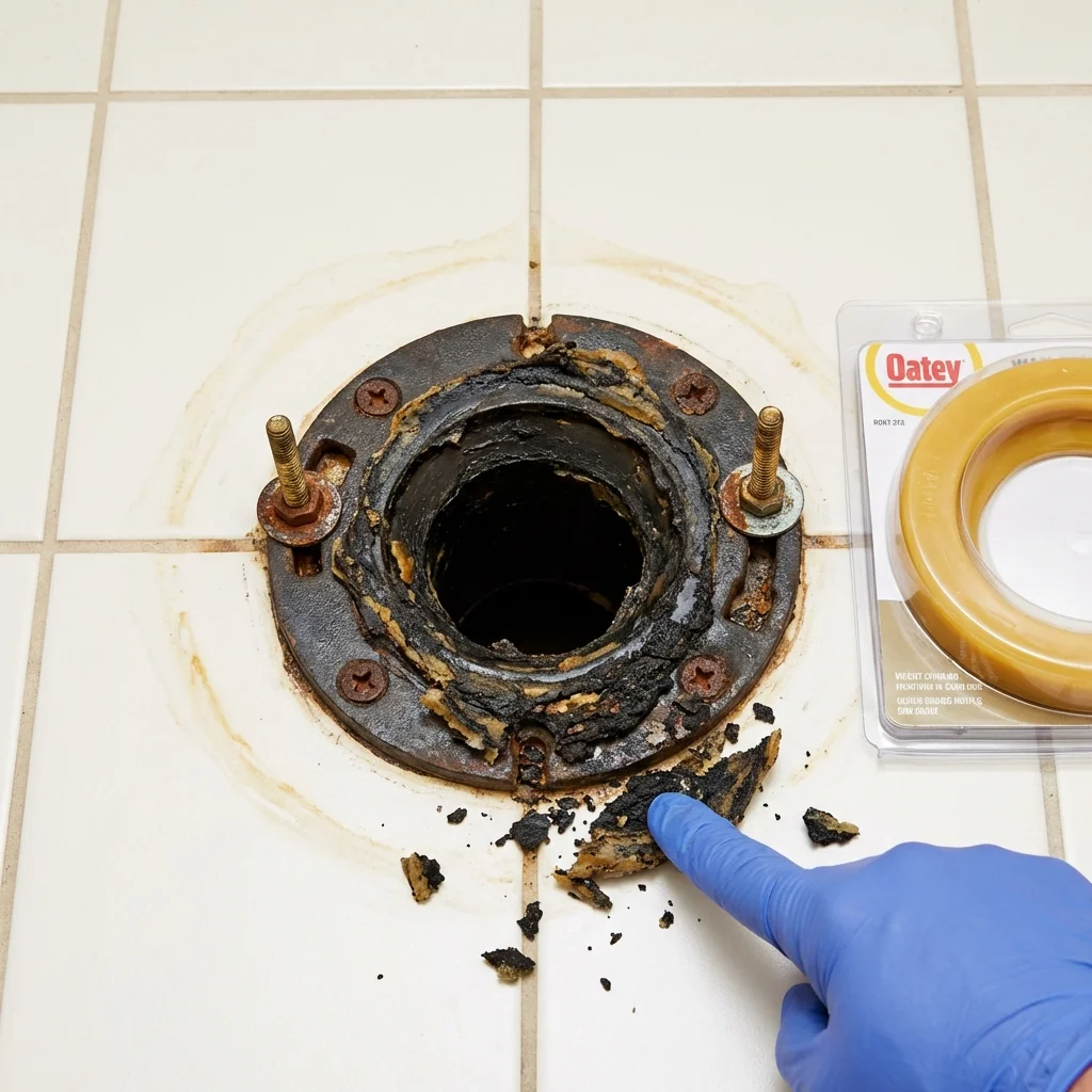 Failed wax ring showing water seepage at the base of a toilet in a Marblehead, MA home