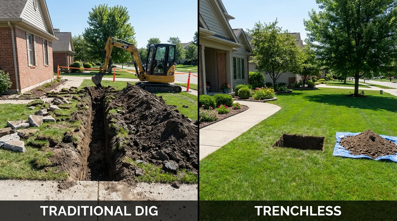 Trenchless sewer repair with minimal yard damage versus traditional excavation in Marblehead, MA