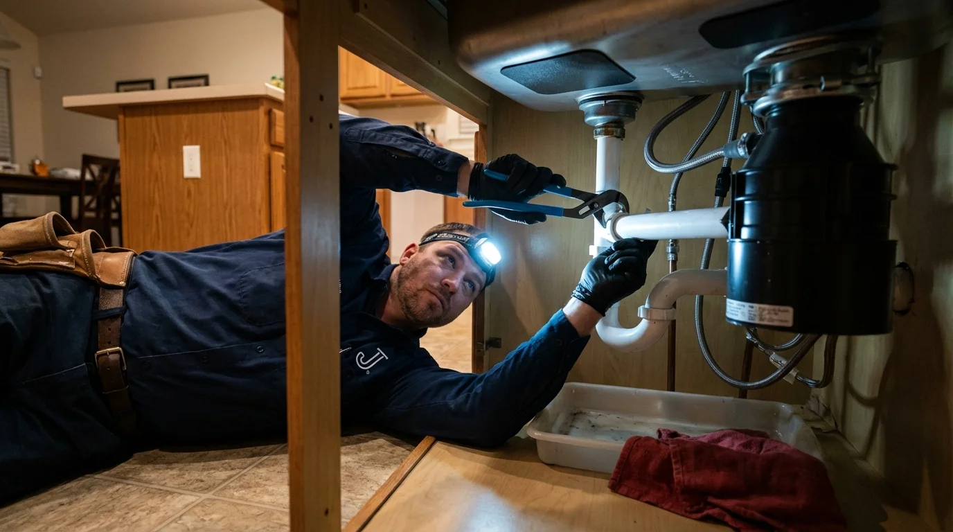P-trap and supply line connections under a kitchen sink showing a common leak point in Marblehead, MA